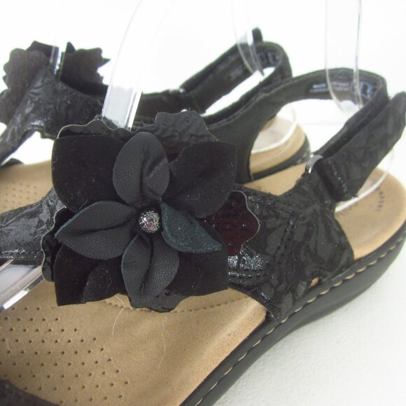 New Clarks Laurieann Bea Women 8.5 M Black Leather Floral Ankle Strap Sandals - Picture 10 of 15